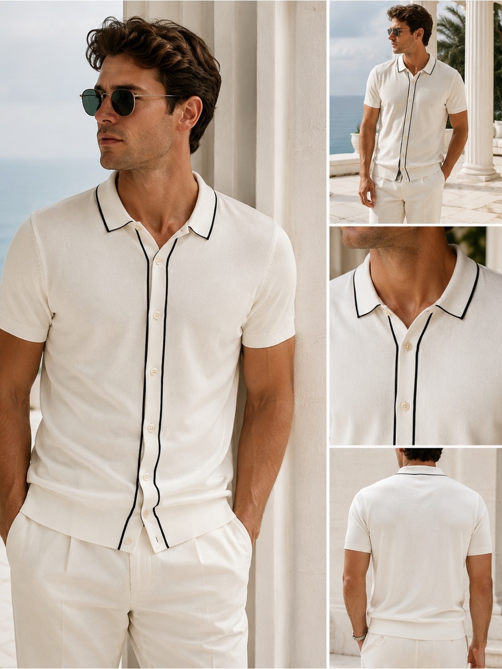 NWT French Connection Men’s Ivory Contrast Trim Knit Polo Cardigan Shirt XL